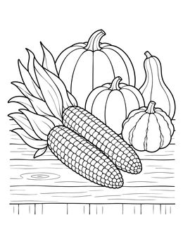Two ears of corn lie with pumpkins on a table in this corn coloring page.