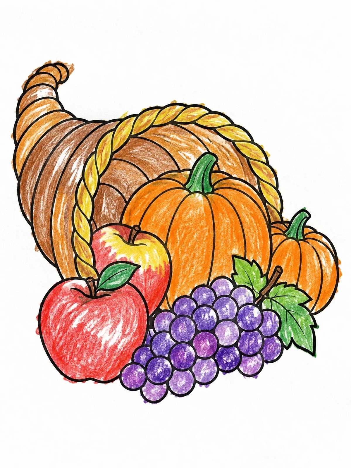 Colored example of the Harvest Cornucopia With Autumn Fruit coloring page