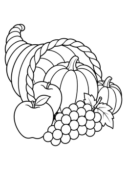A harvest cornucopia food coloring page filled with pumpkins, apples, and grapes.
