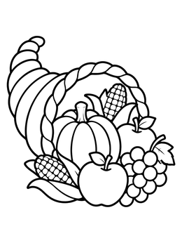 Free printable Harvest Cornucopia With Autumn Produce coloring page