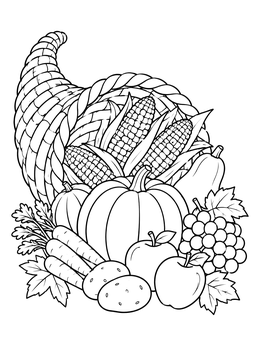 A Thanksgiving harvest horn cornucopia basket coloring page filled with pumpkins, corn, and fruit.