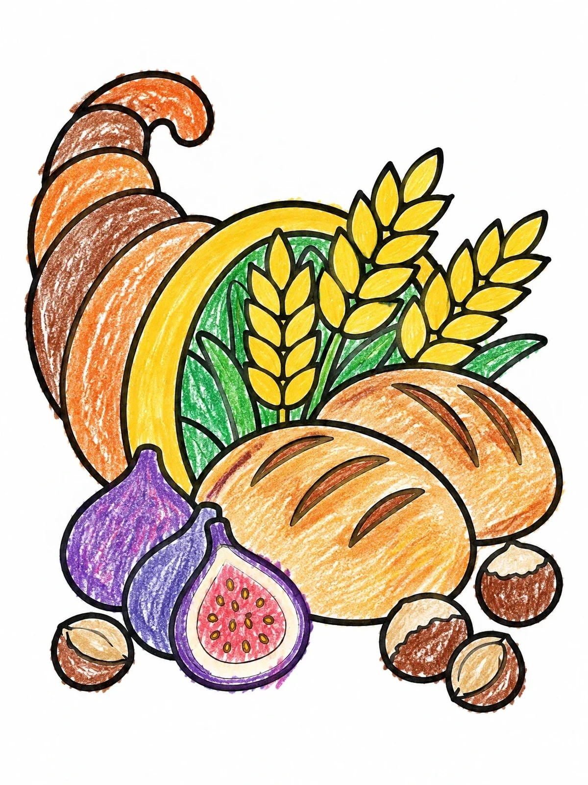 Colored example of the Harvest Cornucopia With Bread And Figs coloring page