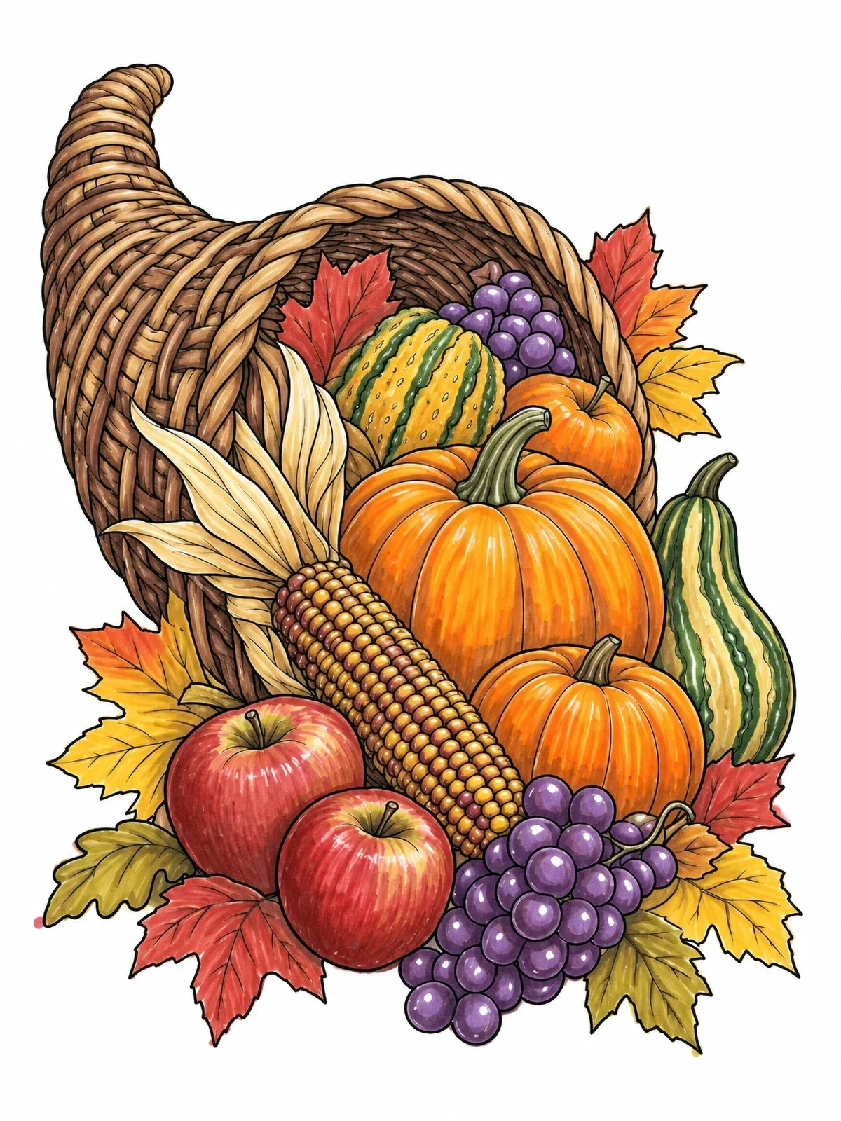 Colored example of the Harvest Cornucopia With Ear Of Corn coloring page