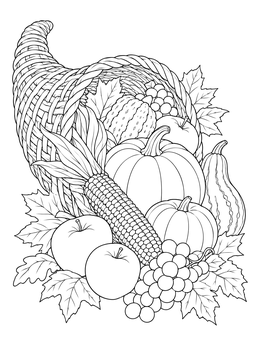 An overflowing harvest cornucopia features in this detailed corn coloring page.