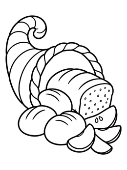 A simple cornucopia food coloring page showing fresh bread, rolls, and apple slices.
