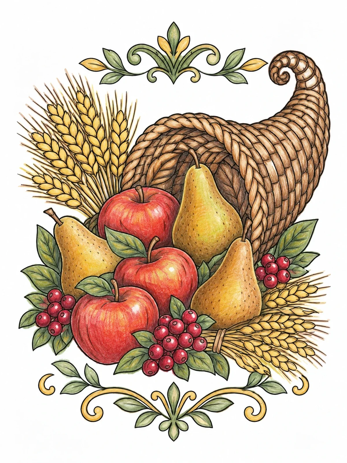 Colored example of the Harvest Cornucopia With Fruit And Wheat coloring page