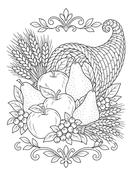 A cornucopia food coloring page with pears, apples, berries, and wheat stalks.