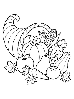Free printable Harvest Cornucopia With Fruits And Vegetables coloring page