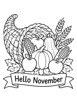 Free printable Harvest Cornucopia Hello November coloring page