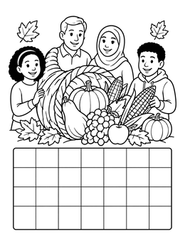 A smiling family with a harvest cornucopia above a blank calendar grid in this november coloring page.