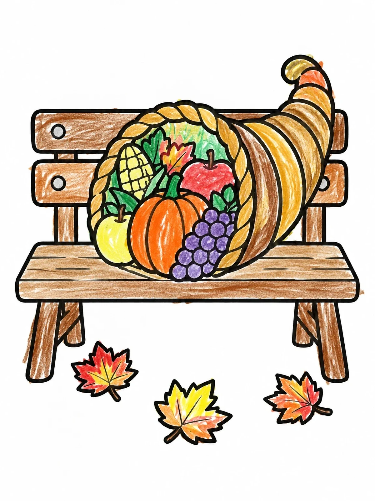 Colored example of the Harvest Cornucopia On A Park Bench coloring page
