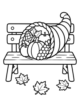 Free printable Harvest Cornucopia On A Park Bench coloring page