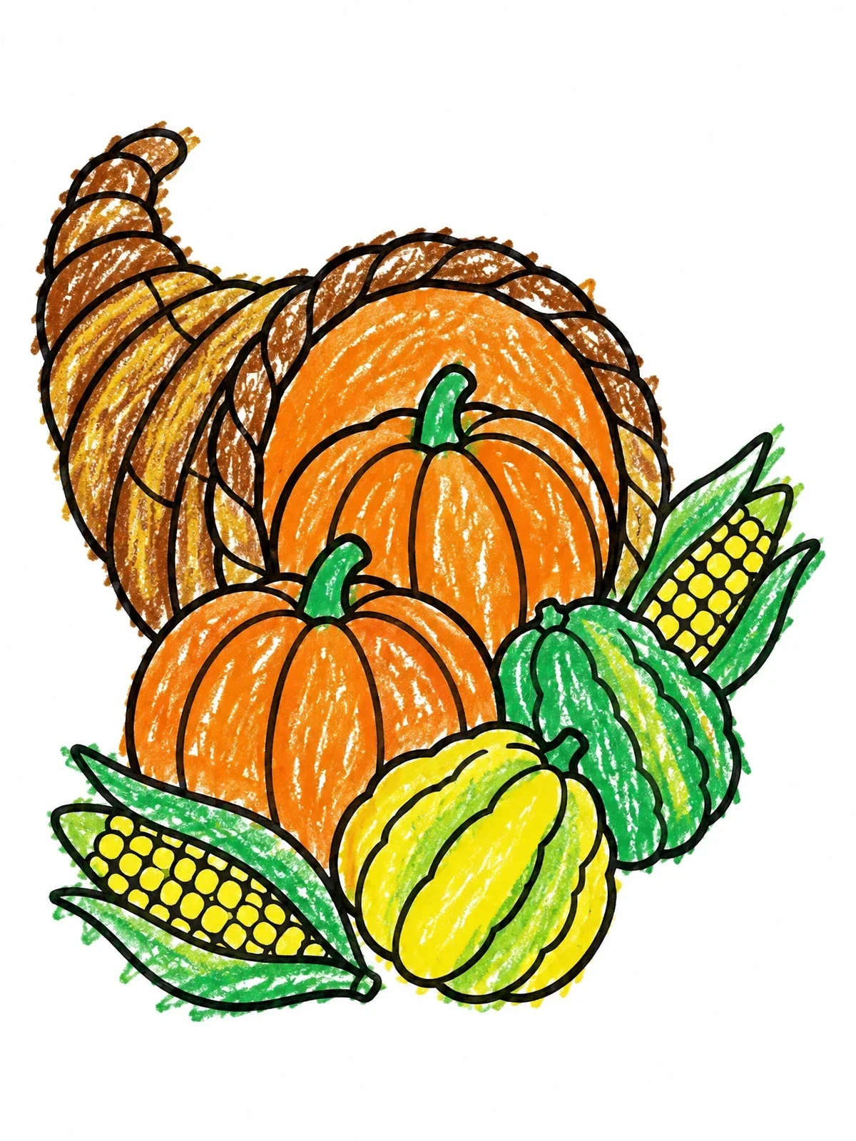 Colored example of the Harvest Cornucopia With Pumpkins And Corn coloring page