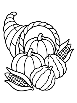 Free printable Harvest Cornucopia With Pumpkins And Corn coloring page