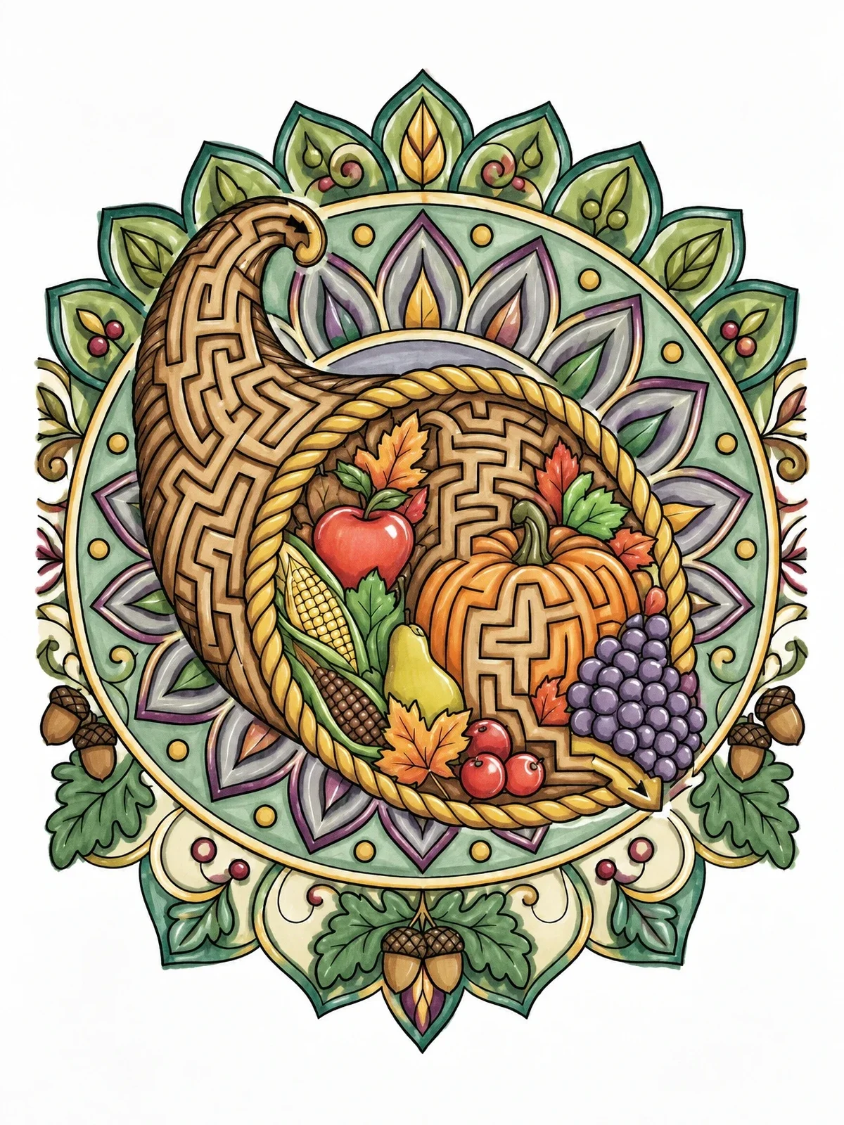 Colored example of the Harvest Cornucopia Puzzle Maze Mandala coloring page