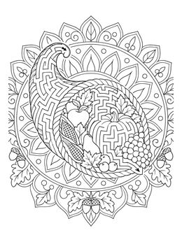 Free printable Harvest Cornucopia Puzzle Maze Mandala coloring page