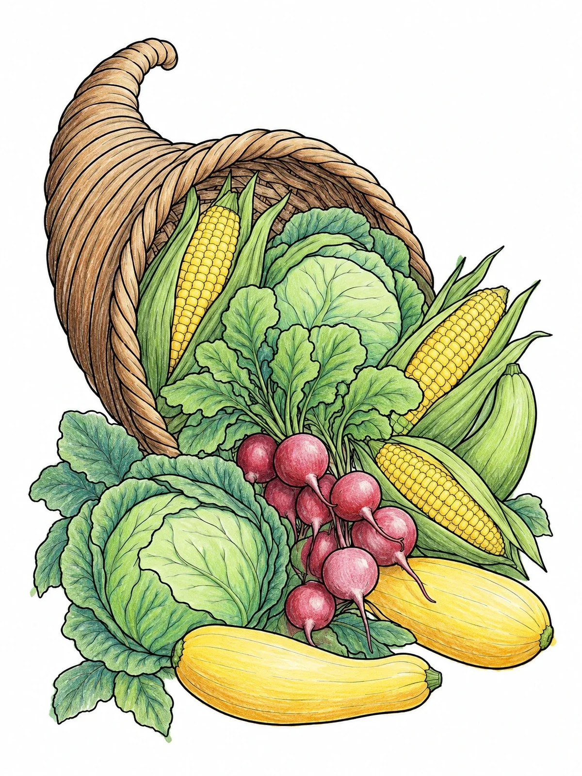 Colored example of the Harvest Cornucopia With Garden Vegetables coloring page