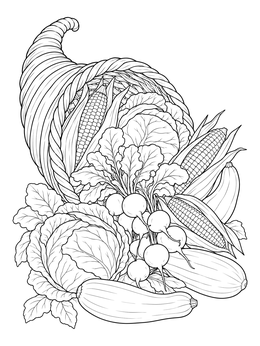 A detailed cornucopia food coloring page filled with fresh corn, radishes, cabbage, and squash.