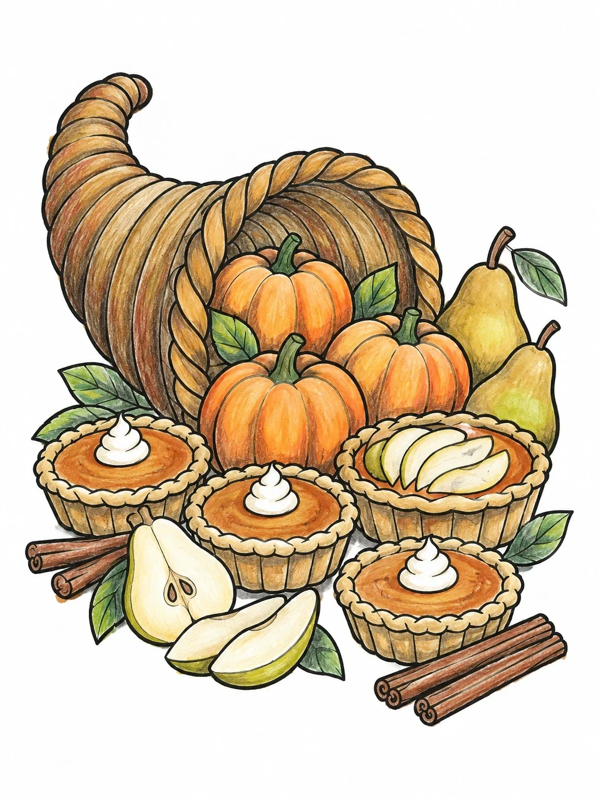 Colored example of the Harvest Cornucopia With Sweet Treats coloring page