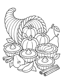 A detailed cornucopia food coloring page featuring mini pies, pumpkins, fresh pears, and cinnamon sticks.