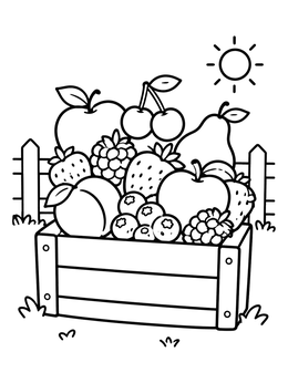 A sunny fruit coloring page featuring a wooden crate filled with berries, apples, and cherries.