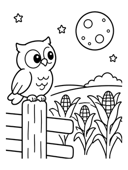 A cute owl sits on a fence post in this harvest coloring page featuring cornstalks and a full moon.