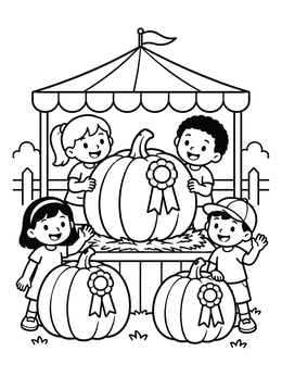 Children display award-winning giant pumpkins at a fair in this harvest coloring page.