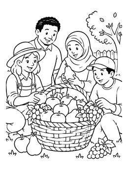 Free printable Family Gathering Autumn Fruit Basket coloring page