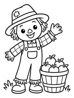 Free printable Friendly Scarecrow With Apple Basket coloring page