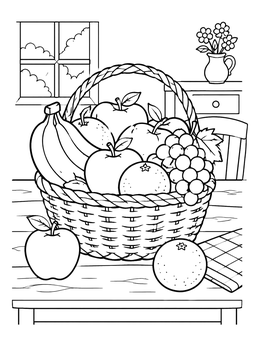 A woven basket filled with apples, bananas, and grapes rests on a table in this fruit coloring page.