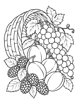 A detailed cornucopia food coloring page filled with grapes, ripe plums, and blackberries.