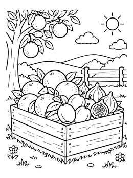 A rustic wooden crate filled with fresh fruits in a fruit coloring page.