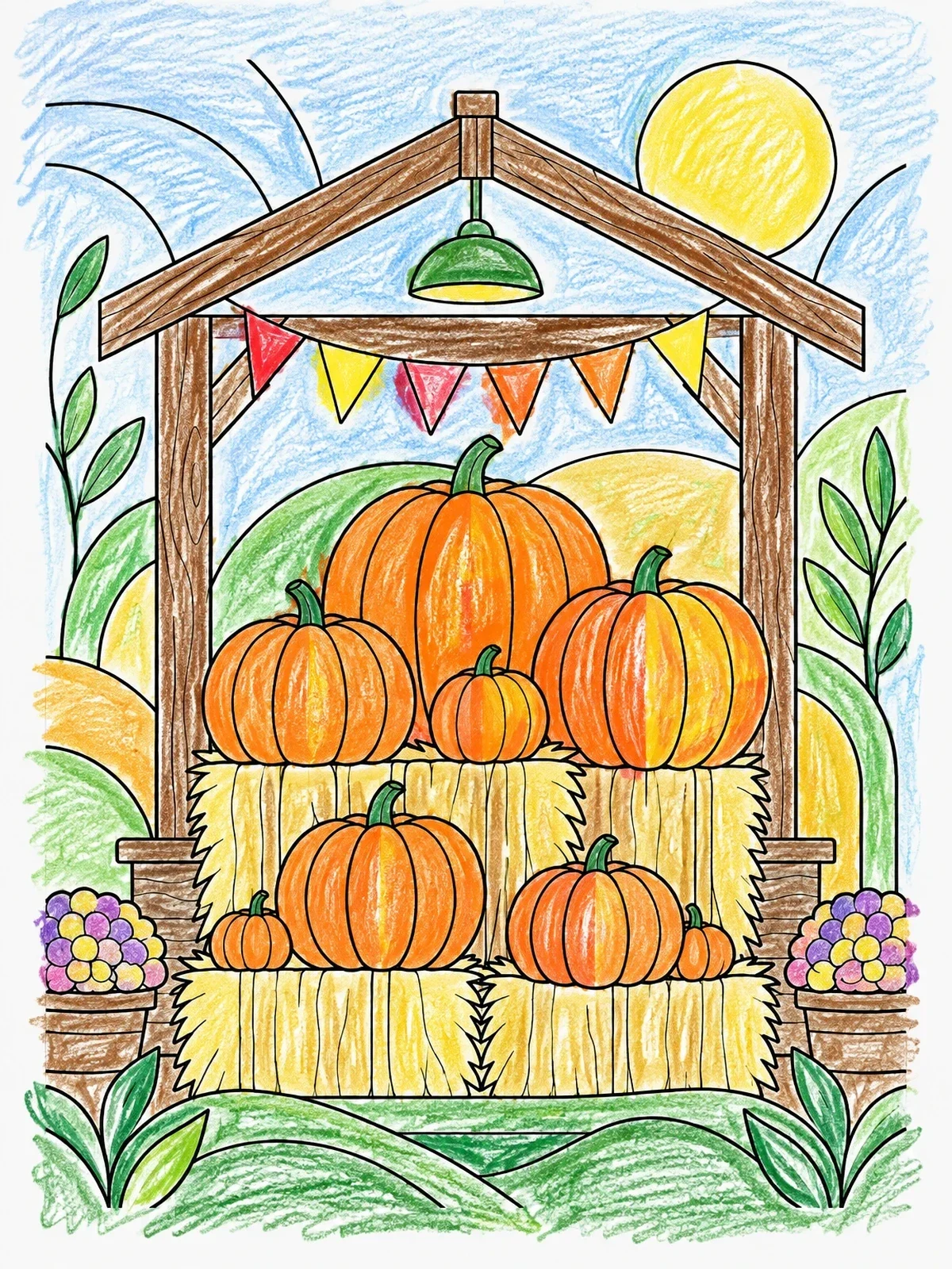 Colored example of the Harvest Market Pumpkin Stand coloring page