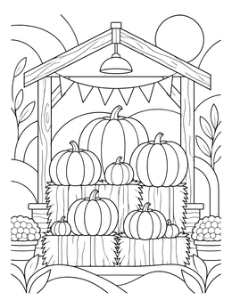A rustic pumpkin coloring page featuring pumpkins displayed on straw bales under a wooden stand.