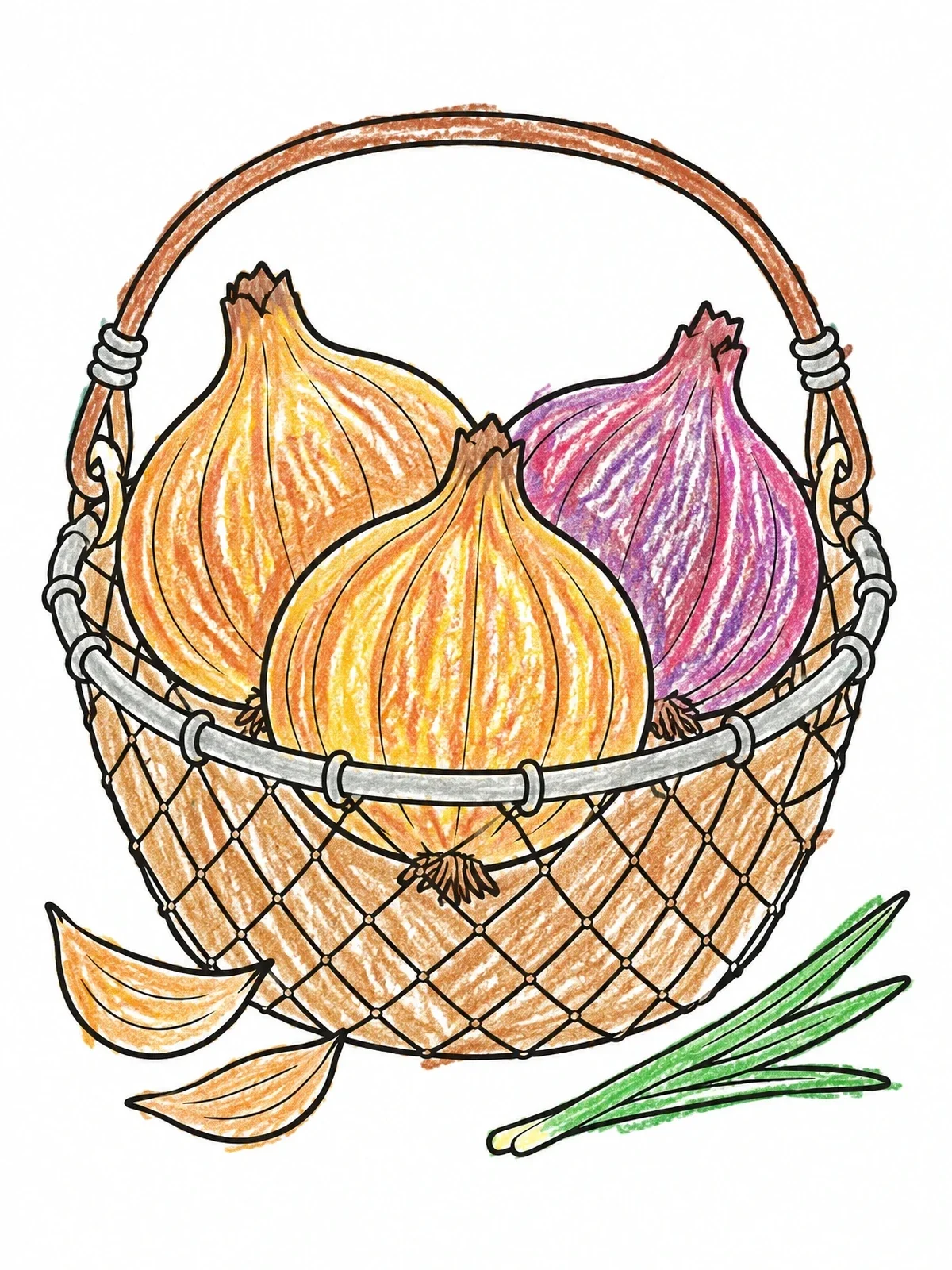 Colored example of the Harvest Onions In A Wire Basket coloring page