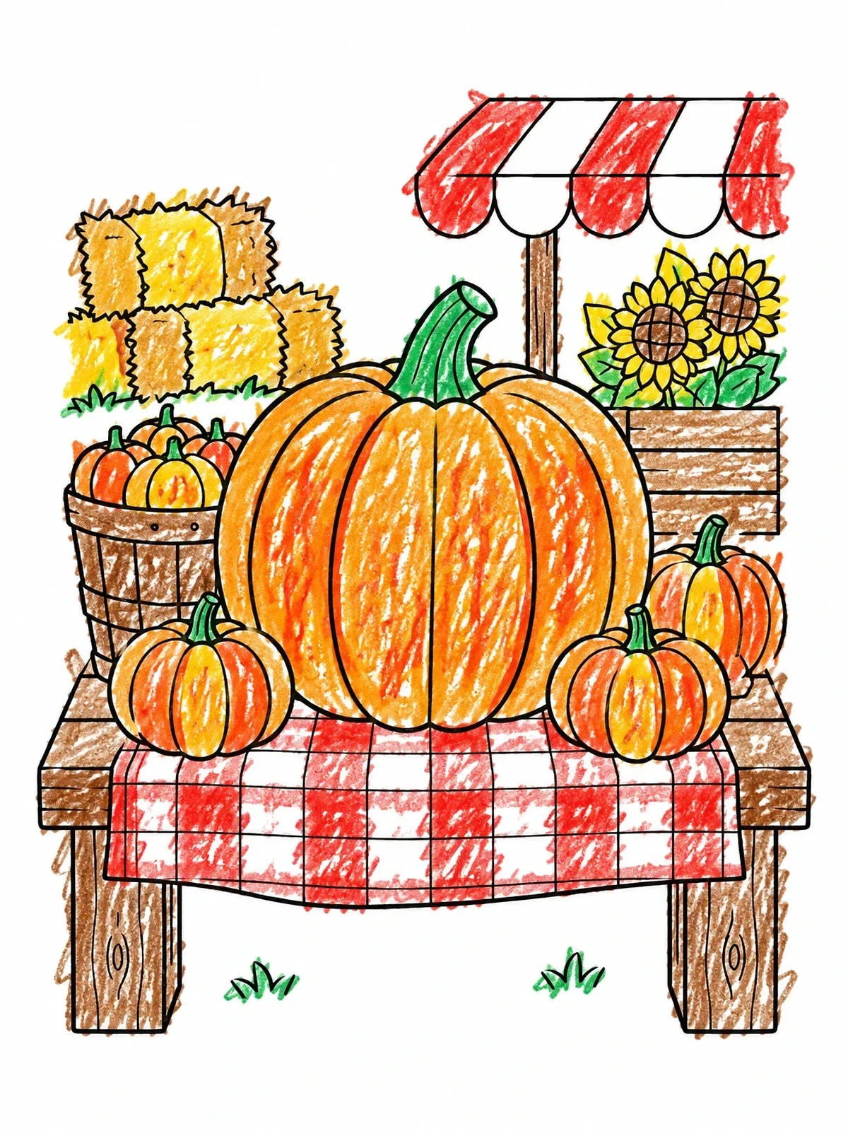 Colored example of the Harvest Pumpkins At Market Stand coloring page