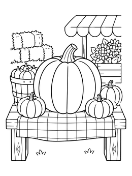 A harvest pumpkin coloring page featuring pumpkins on a market table with sunflowers and hay bales.