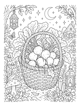 A harvest radish coloring page featuring a woven basket of fresh radishes under a night sky.