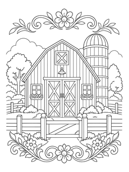 A peaceful harvest coloring page showing a country barn and tall silo framed with flowers.