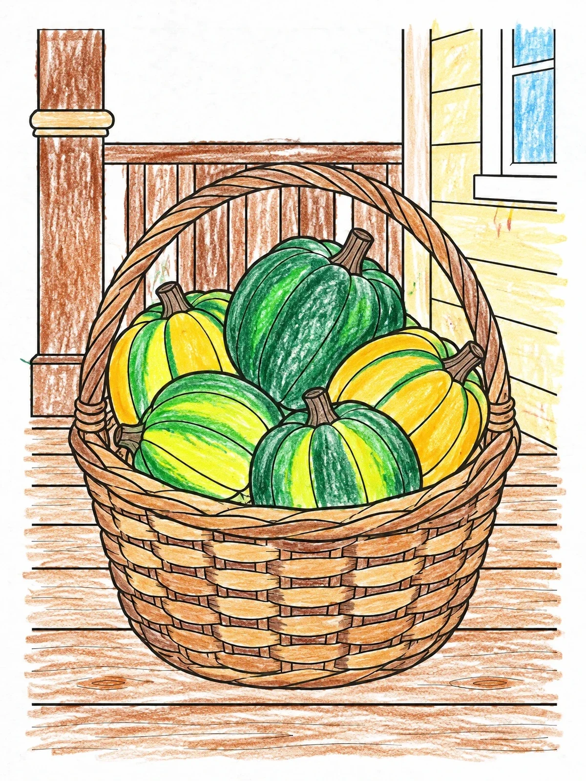 Colored example of the Harvest Squash In A Woven Basket coloring page