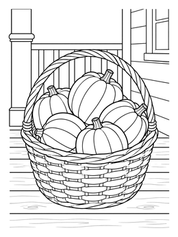 A rustic porch setting featuring a squash coloring page with a woven basket.