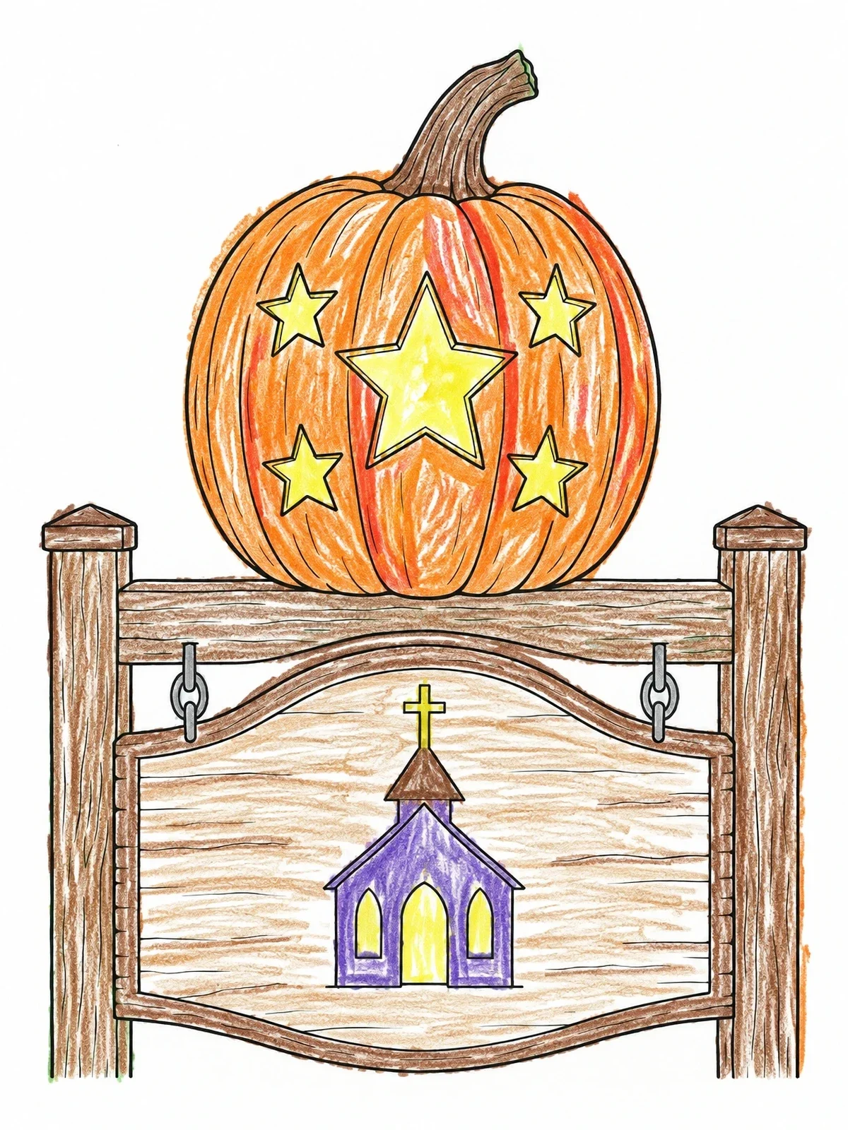 Colored example of the Harvest Star Pumpkin On Church Sign coloring page