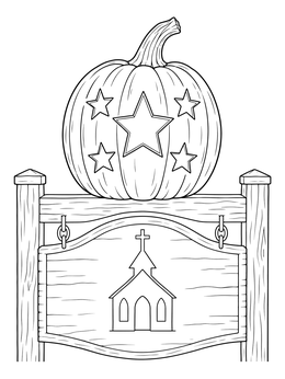 A carved star pumpkin atop a wooden sign in this church halloween coloring page.