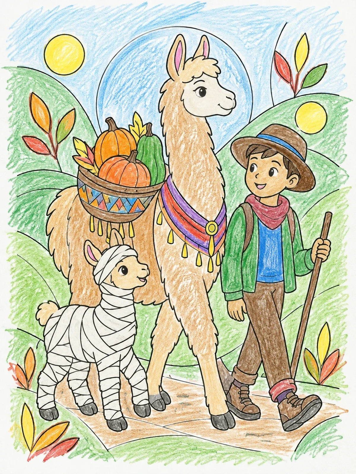Colored example of the Harvest Walk With Mummy Llama coloring page