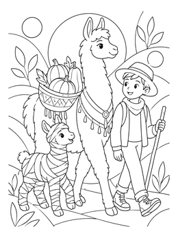 A boy walks beside a baby llama in mummy wraps on this halloween llama coloring page.