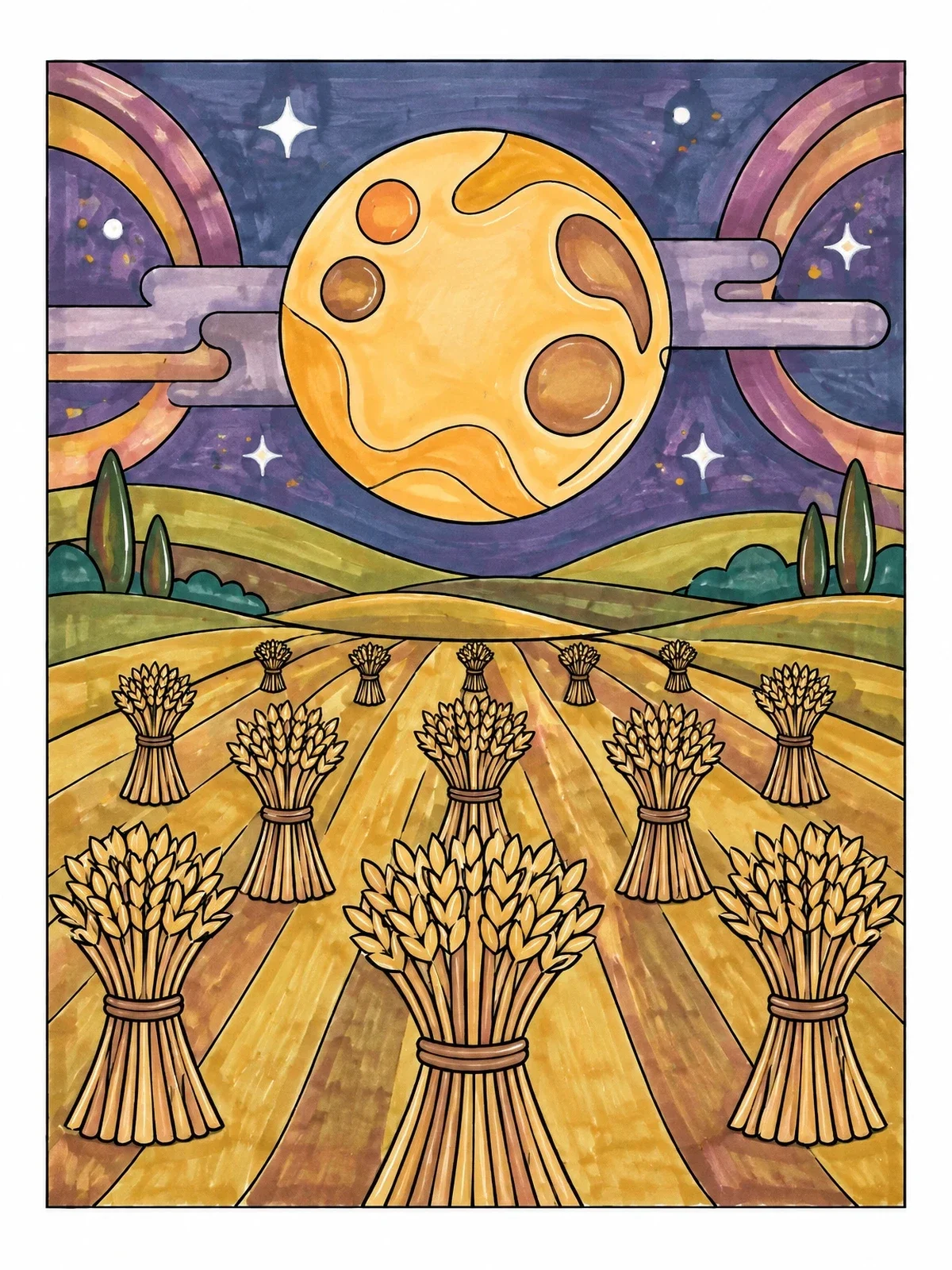 Colored example of the Wheat Sheaves Under Autumn Moon coloring page