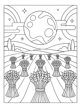 A harvest coloring page featuring rows of wheat sheaves under a large full moon.