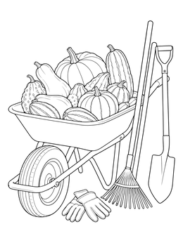 A garden wheelbarrow brimming with various gourds on this squash coloring page.