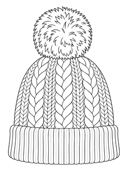 A detailed hat coloring page featuring a cable knit winter beanie with a fluffy pom-pom.
