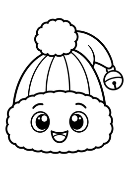 A cheerful winter hat coloring page featuring a smiling face and jingle bell.
